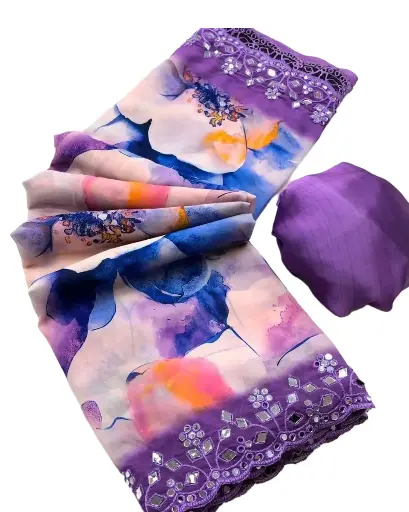 Floral Georgette Printed Saree with Lace Border | Lavender with Blue