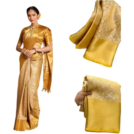 Premium Tissue Silk Banarasi Saree with Floral Embossed Design | Yellow